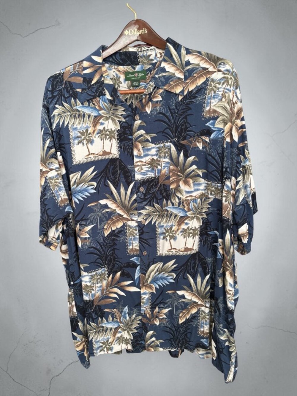 David Taylor Mens Hawaiian Print Short Sleeve Button-Up Shirt Blue Tropical Palm